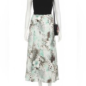 Vintage ConradC Teal Brown Tropical Hibiscus Leopard Print Maxi Skirt L 14 Flowy